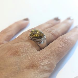 Statement Green Amber Silver Ring